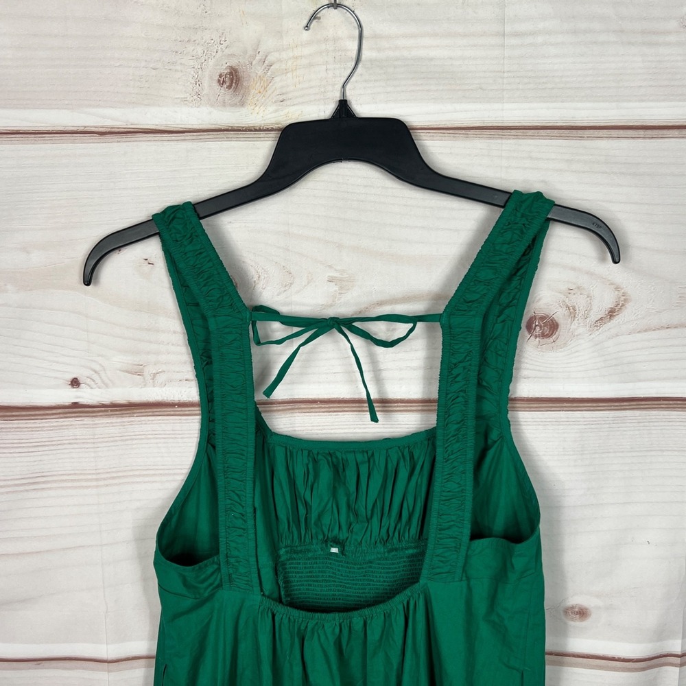 Celandine Dress Womens XS Green Cotton Poplin Midi Pockets Smocked Scoop Back - Picture 8 of 10